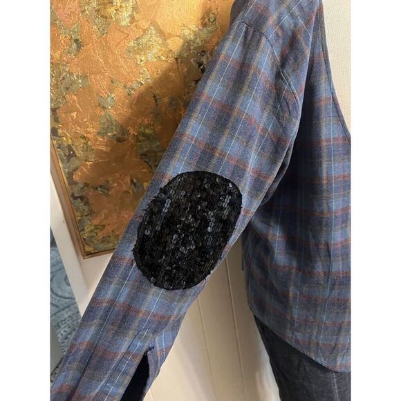 Furst of a Kind Womens Medium Button Up Flannel Shirt Back Cut Out Sequin Elbows - Picture 4 of 8